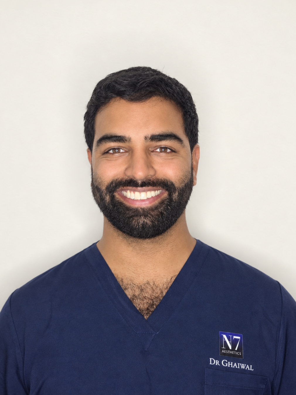 Dr Abhay Ghaiwal, Aesthetic Doctor, in navy N7 Aesthetics scrubs